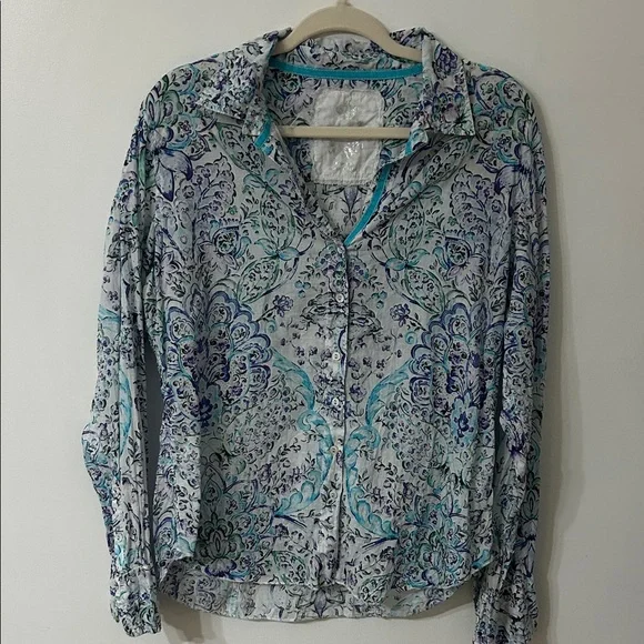 Cino Blouse Women's XL Floral Paisley Button-Down Shirt Teal/Blue Lightweight - Picture 15 of 16